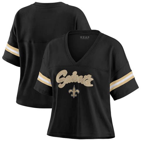 Women's WEAR by Erin Andrews Black New Orleans Saints Plus Size Color Block Boxy V-Neck T-Shirt