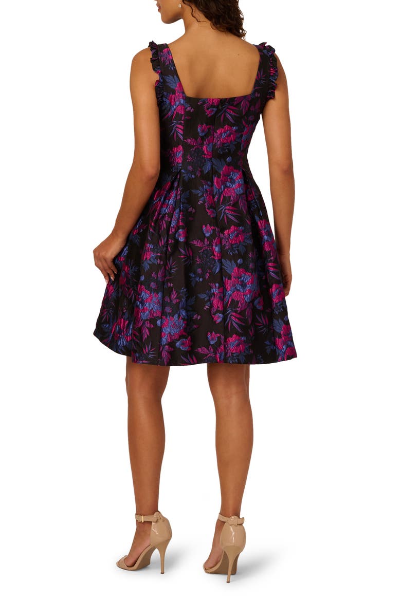 Floral Ruffle Jacquard Cocktail Dress, Alternate, color, BLACK/ PINK MULTI