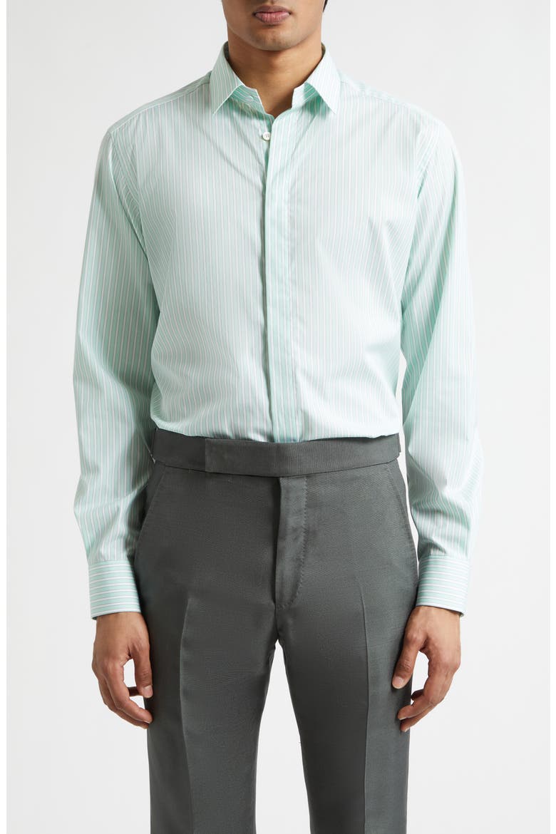 Classic Fit Stripe Natural Stretch Cotton Button-Up Shirt, Main, color, COMBO WHITE/ GREEN