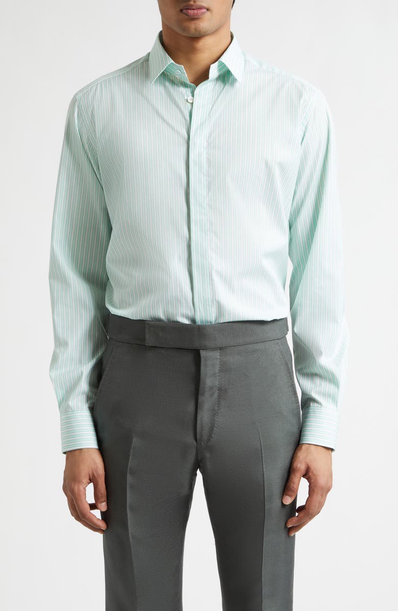 TOM FORD Classic Fit Stripe Natural Stretch Cotton Button-Up Shirt, Main, color, Combo White/ Green