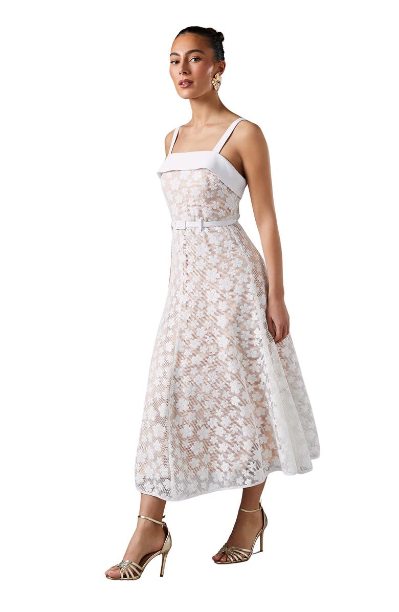 Coast Mesh Sequin Belted Midi Dress, Main, color, White