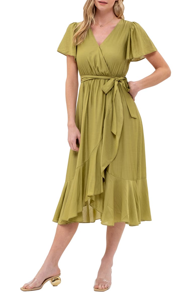 AUGUST SKY Faux Wrap Midi Dress, Main, color, Olive