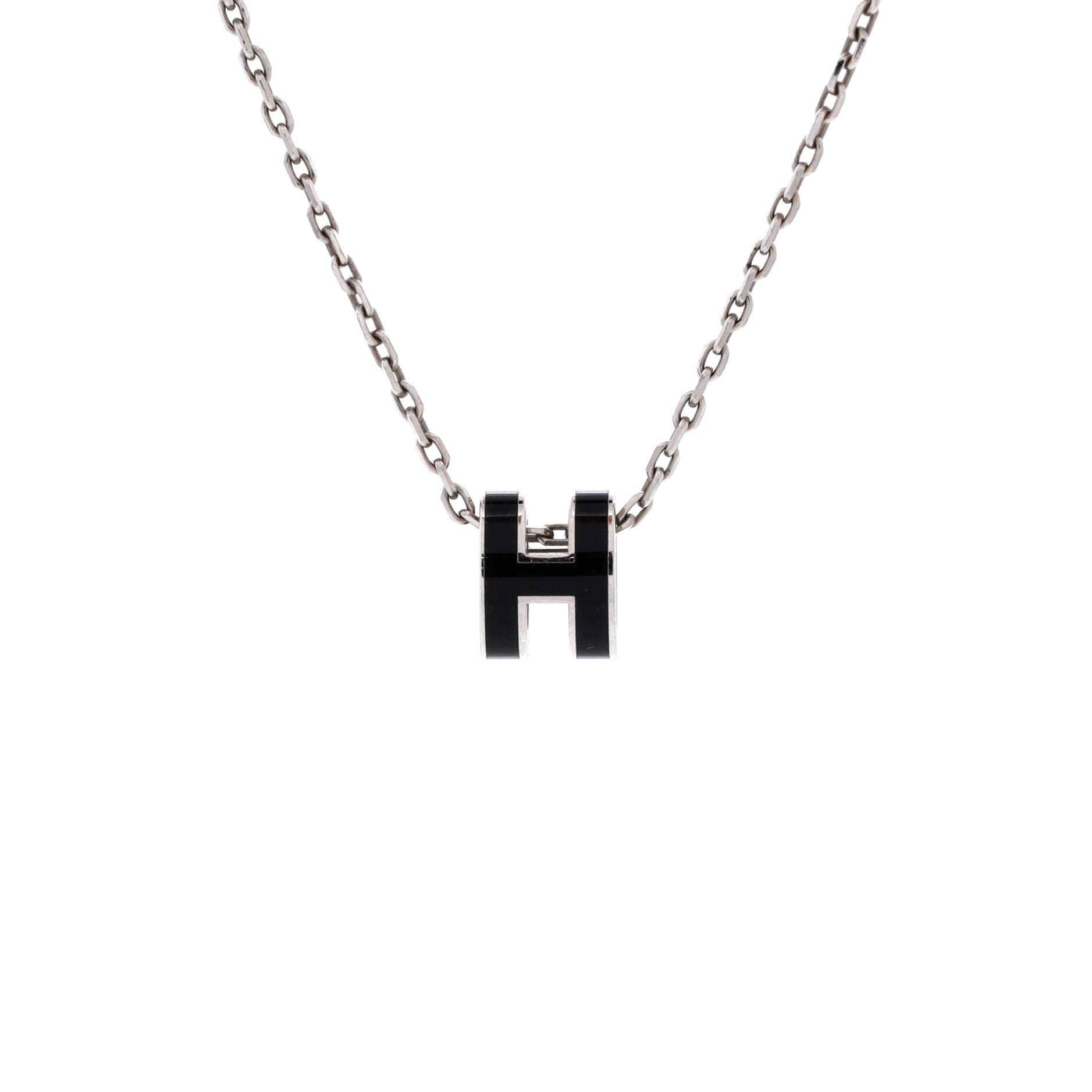 Pre-Owned Hermes Pop H Pendant Chain Necklace Metal and Enamel Mini, Main, color, Black