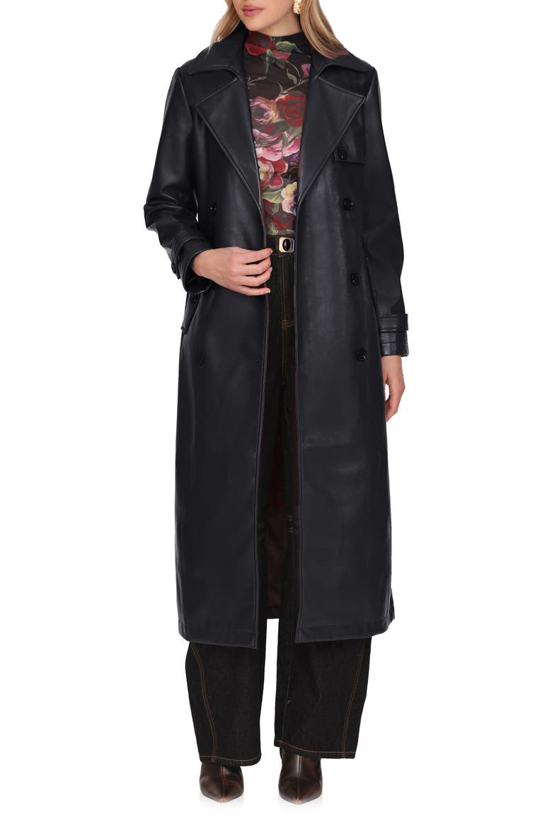 Double Breasted Faux Leather Trench Coat, Main, color, BLACK