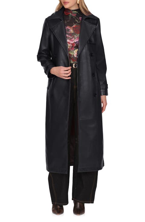 Double Breasted Faux Leather Trench Coat
