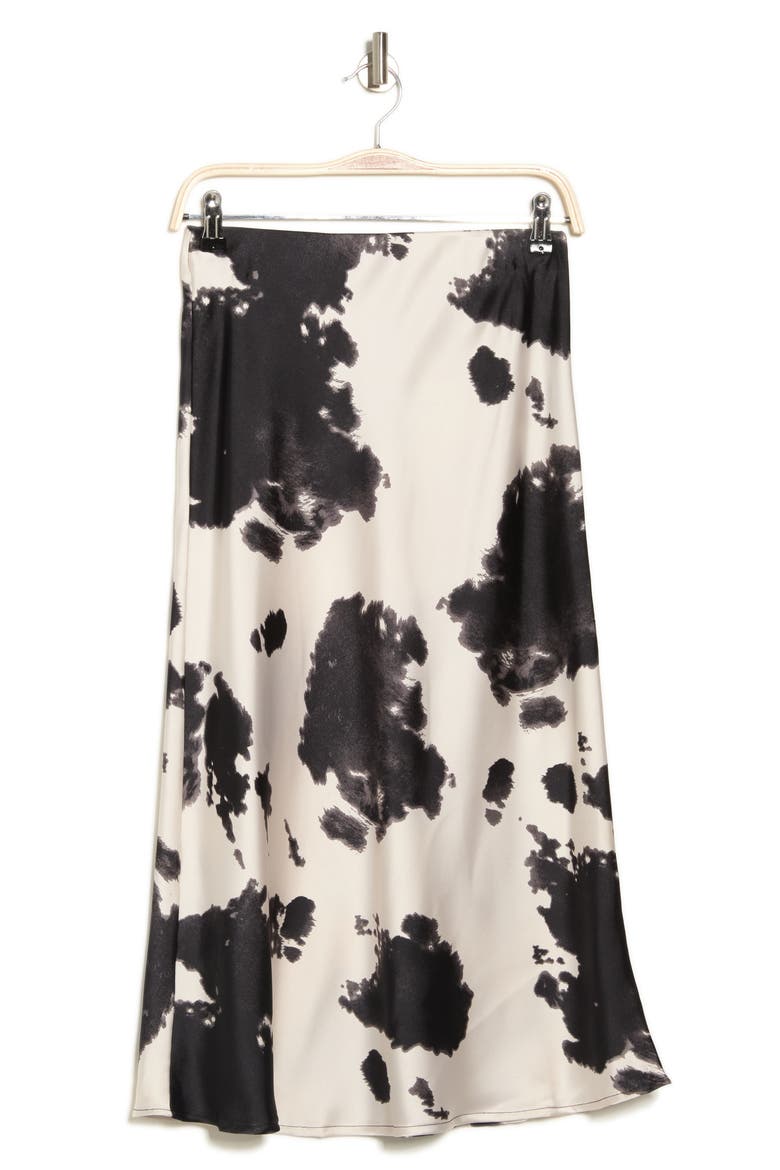 Satin Cow Print Midi Skirt, Alternate, color, BLACK