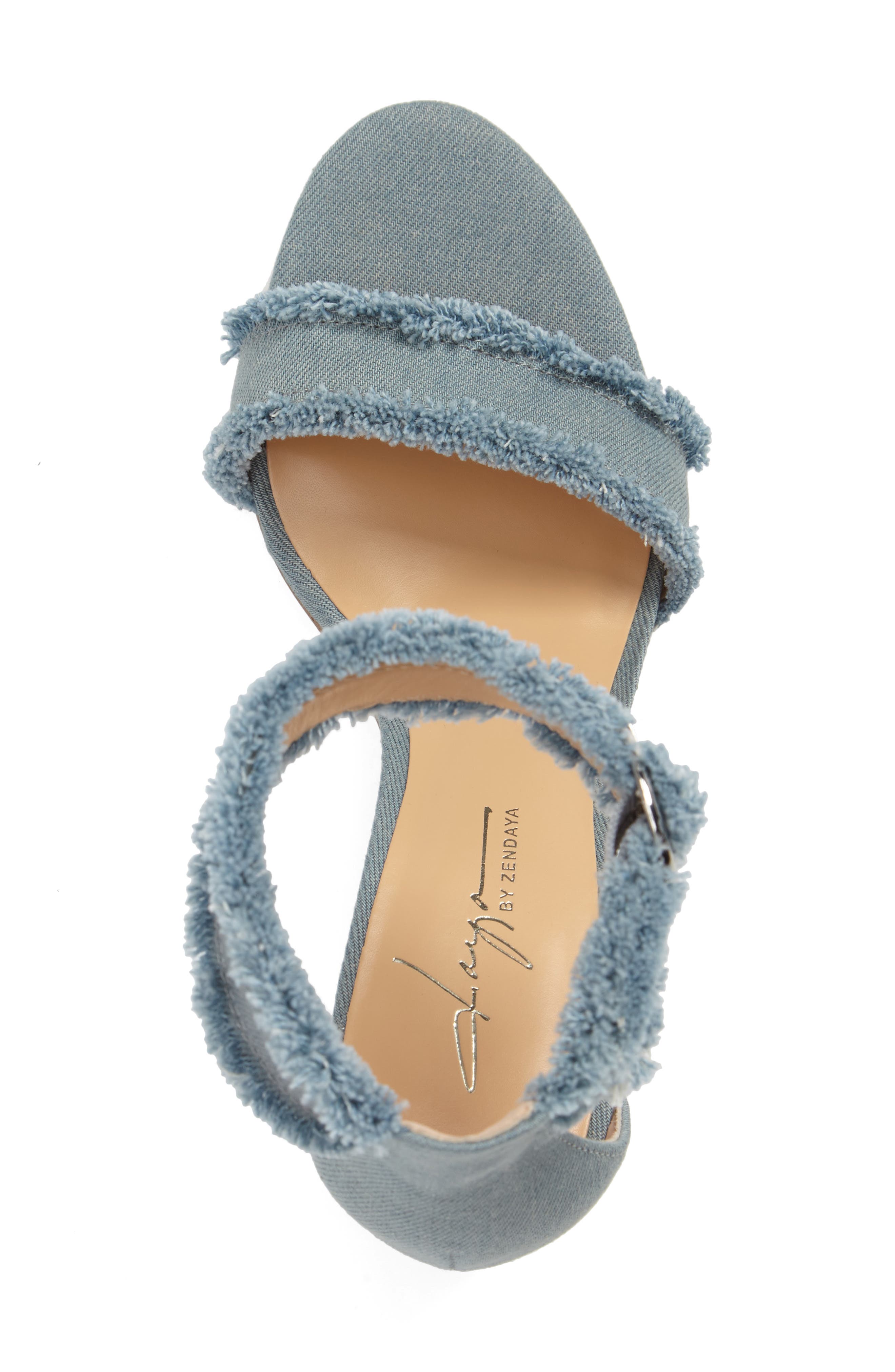 by Zendaya Shasta Fringe Denim Ankle Strap Sandal, Alternate, color, LIGHT BLUE