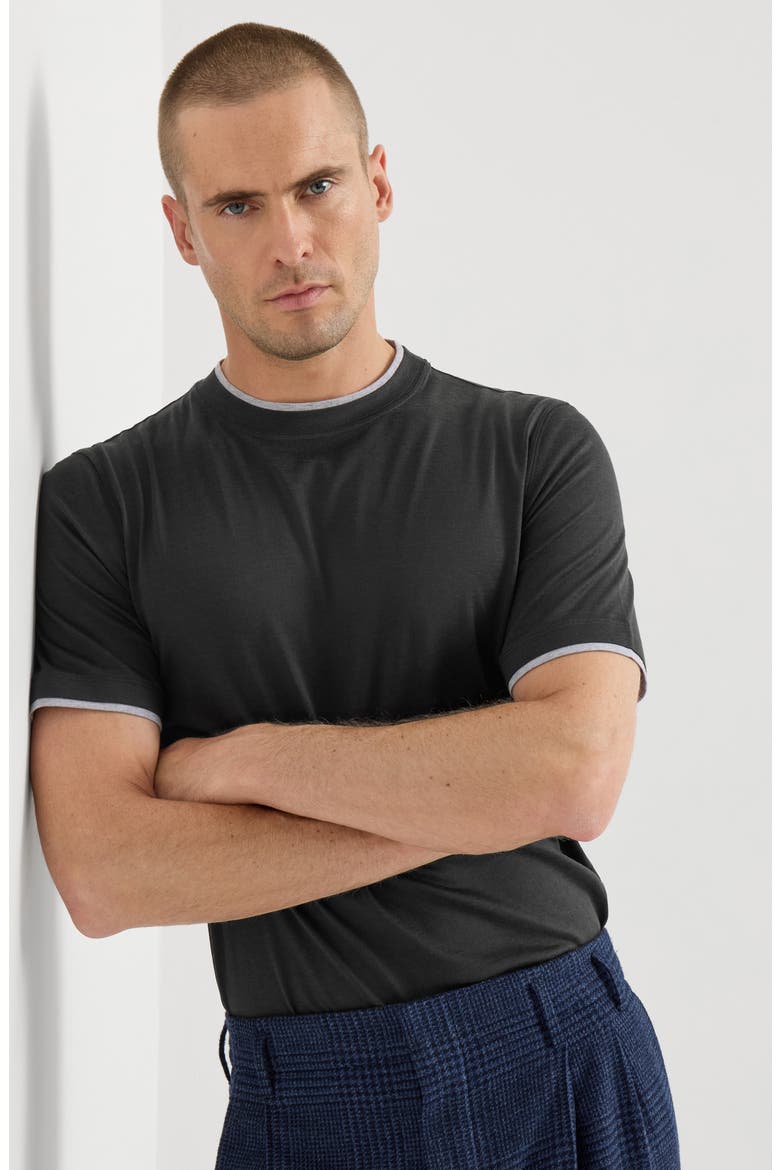 Silk and cotton lightweight jersey crew neck T-shirt with faux-layering, Alternate, color, Black