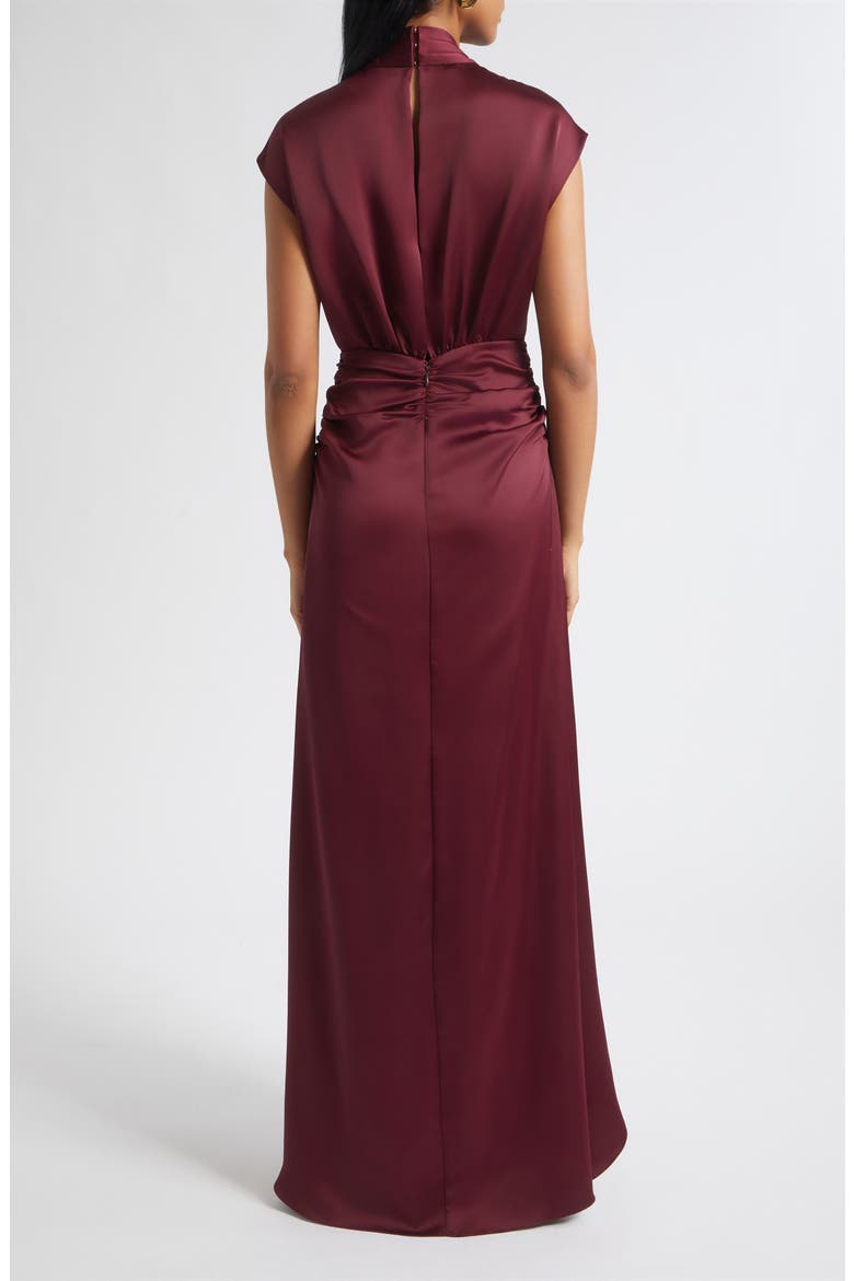 Catrin Plunge Neck Center Ruched Satin Gown, Alternate, color, CRANBERRY