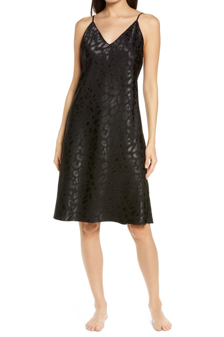 Decadence Print Satin Nightgown, Main, color, BLACK