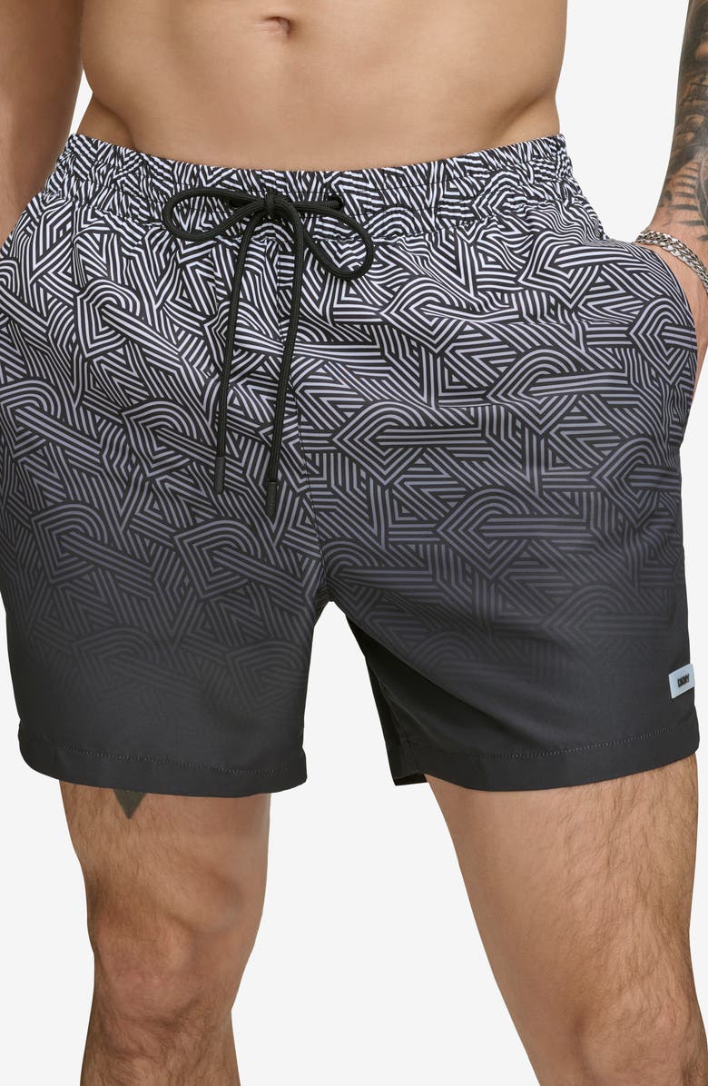 DKNY Ombré Crosswalk Swim Trunks, Main, color, Black