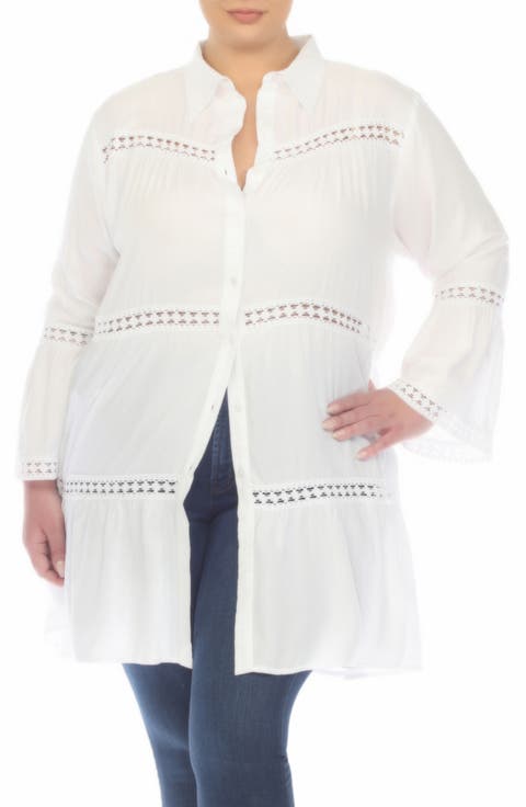 Lace Inset Long Sleeve Cover-Up Shirtdress (Plus)