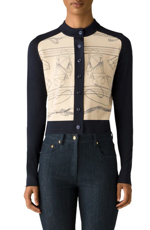 St John St. John Collection Equestrian Print Crêpe De Chine Inset Wool Cardigan In Multi