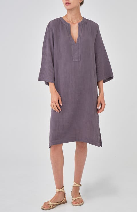 Short Gauze Tunic Dress With Pockets