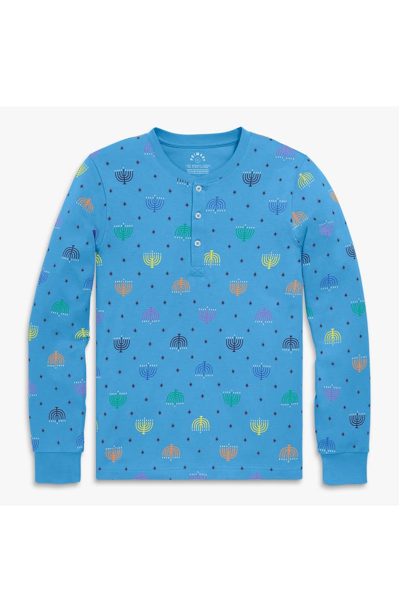 Primary Adult Organic Henley Pj Top In Rainbow Menorahs, Main, color, Cornflower Menorah Lights