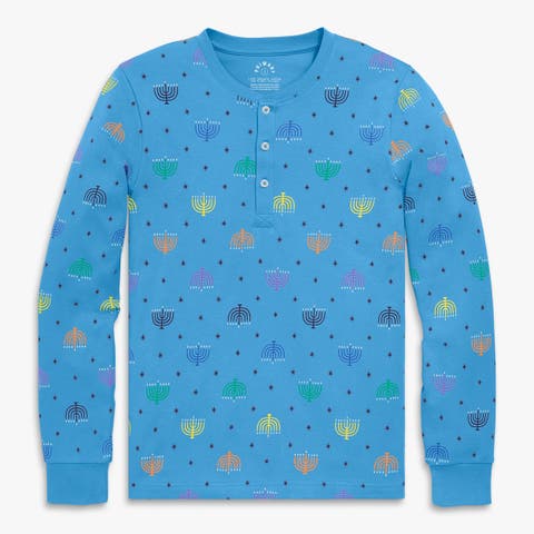 Adult Organic Henley Pj Top In Rainbow Menorahs (Unisex Fit)