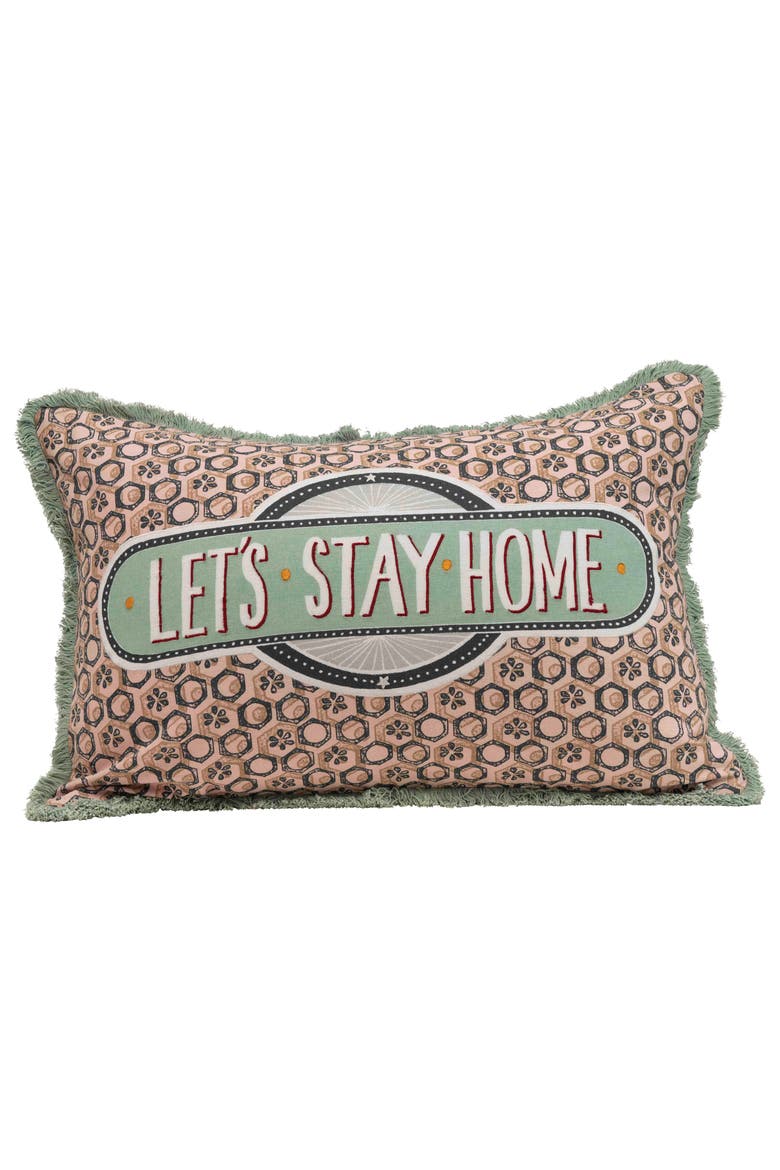 "Let's Stay Home" Reversible Rectangle Cotton Stamp Pillow, Main, color, Green