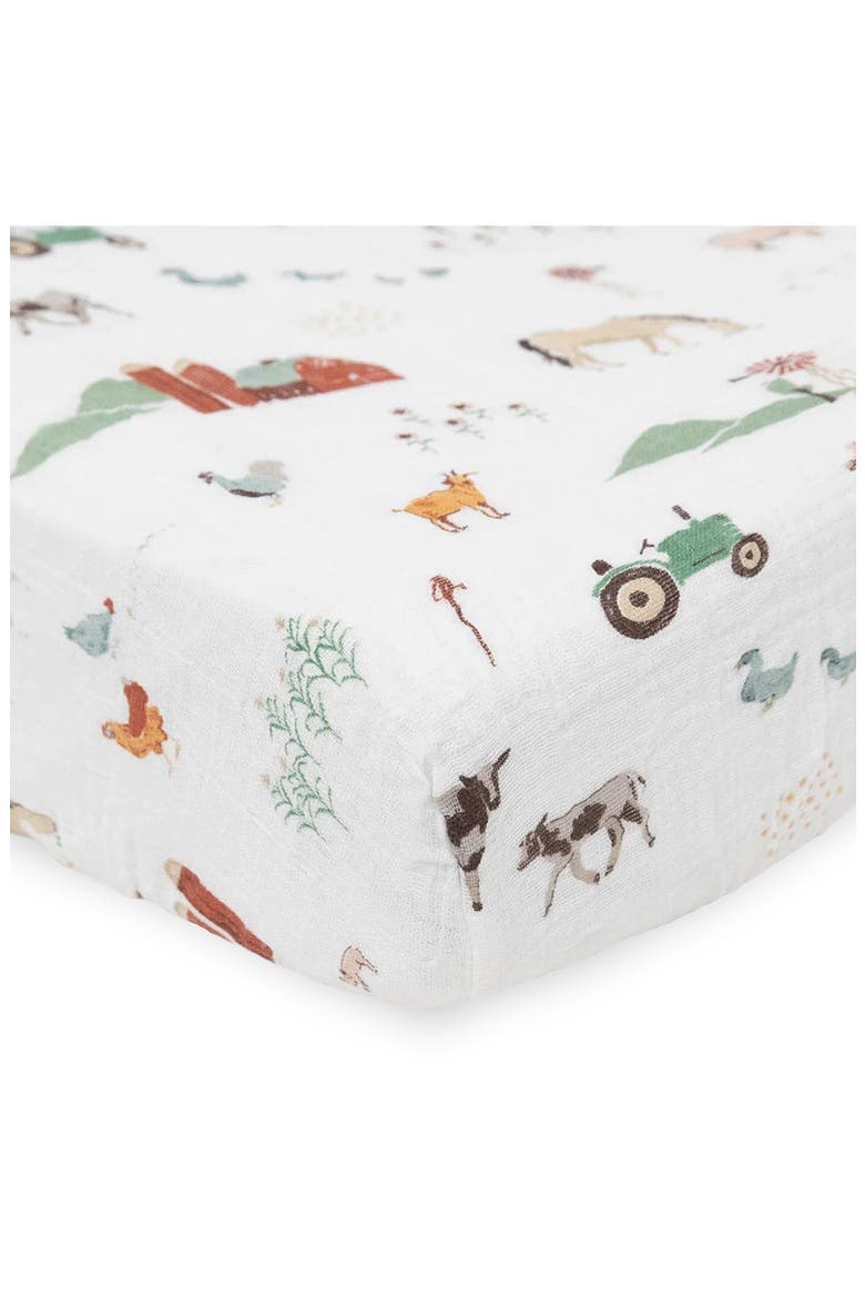 Cotton Muslin Crib Sheet, Main, color, FARMYARD