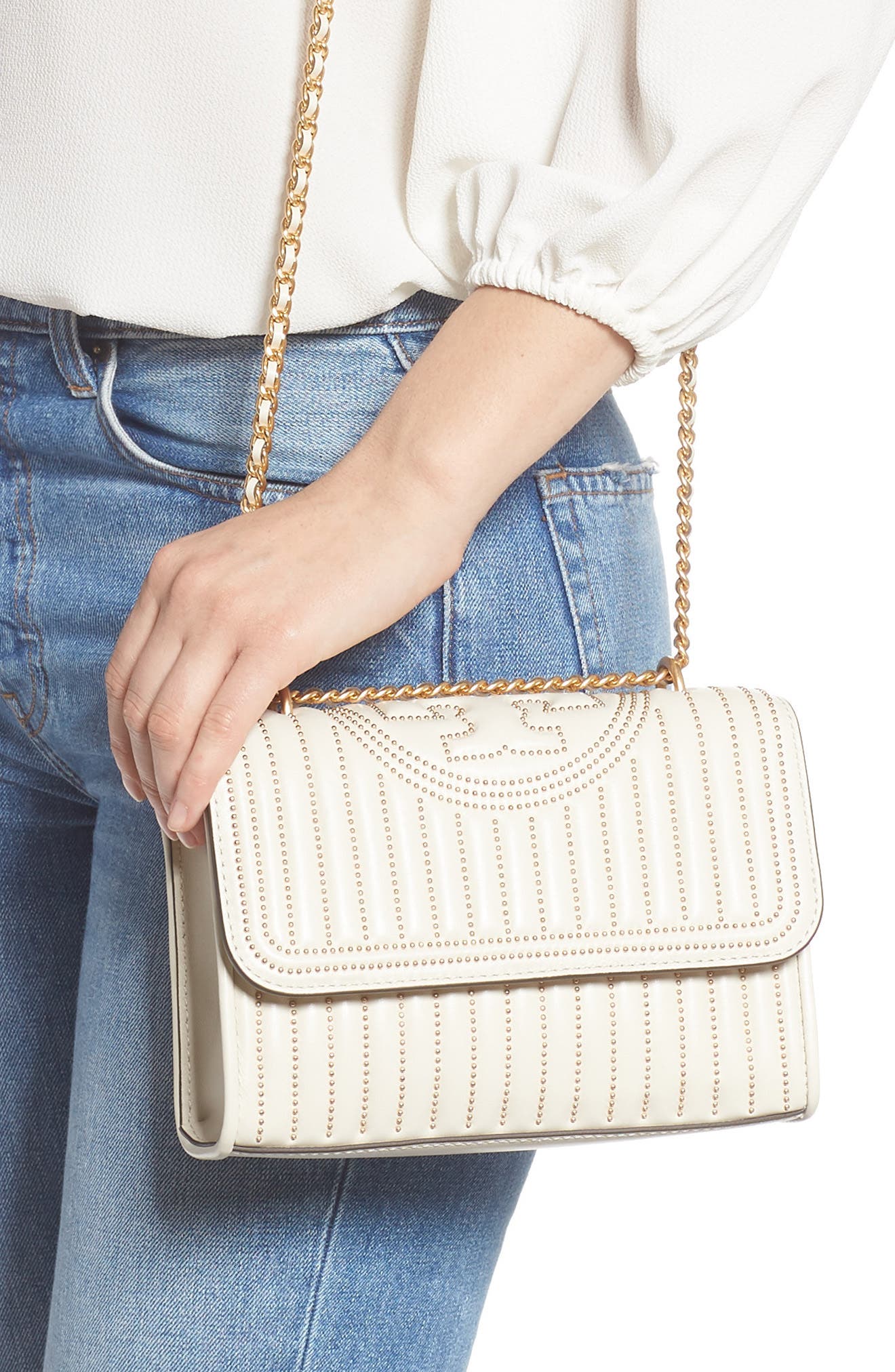 Small Fleming Studded Leather Convertible Shoulder Bag, Alternate, color, BIRCH / GOLD