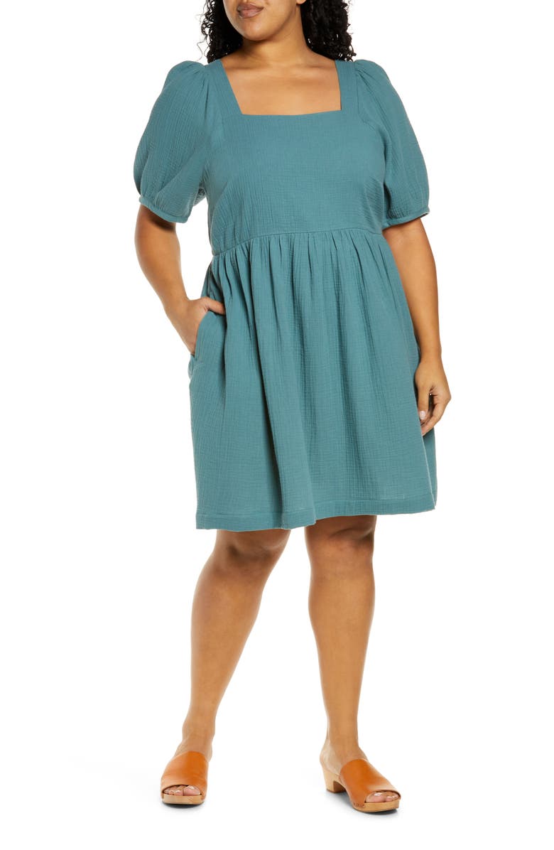 Madewell Lightspun Square Neck Puff Sleeve Dress, Main, color, 