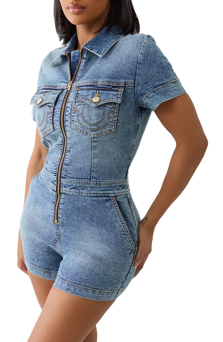 True Religion Zip Denim Romper, Alternate, color,