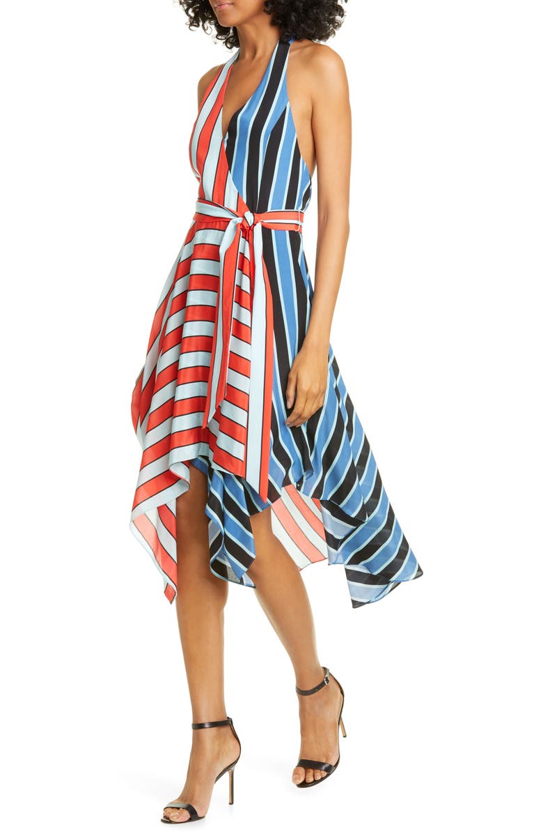 Alice + Olivia Canton Mix Stripe Halter Neck Handkerchief Hem Silk Dress, Alternate, color, 