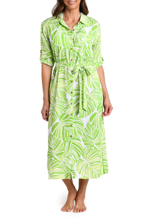 Serene Palm Roll Tab Cuff Long Sleeve Cover-Up Shirtdress
