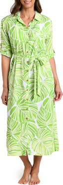 La Blanca Serene Palm Roll Tab Cuff Long Sleeve Cover-Up Shirtdress