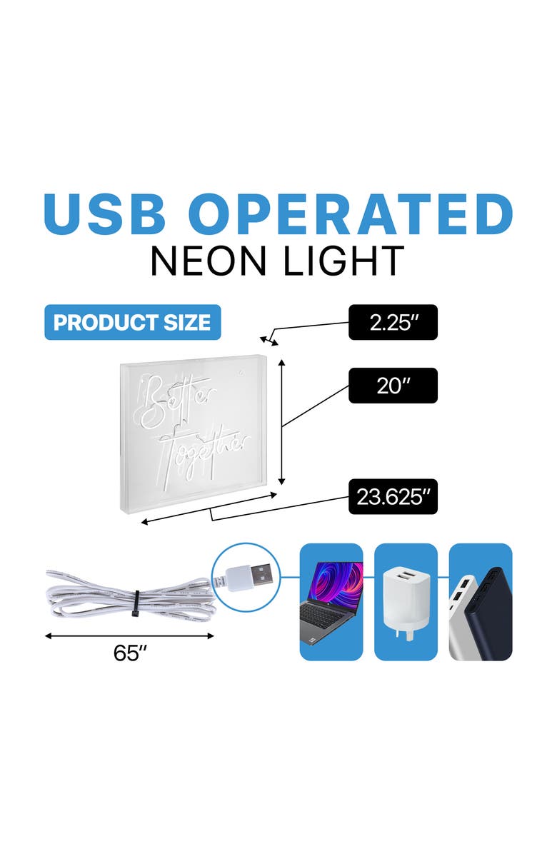 JONATHAN Y Better Together 23.63" X 20" Contemporary Glam Acrylic Box USB Operated LED Neon Light, White, Alternate, color, White