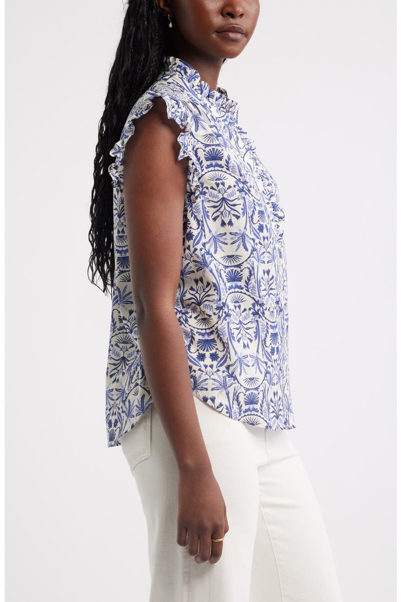 Ruffle Sleeve Cotton Blend Top, Alternate, color, IVORY- NAVY PALM FLORAL