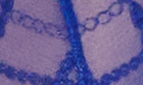 Mapalé Mapale Embroidered Mesh Bra, Thong & Garter Belt Set In Blue