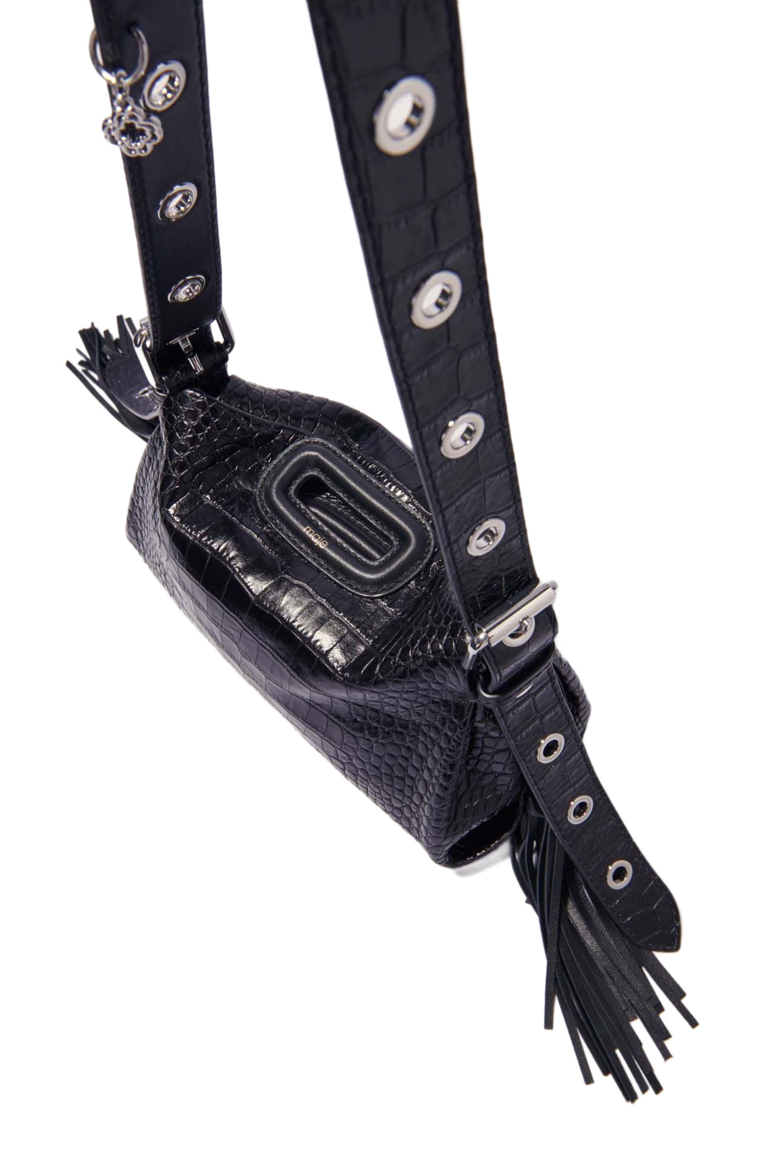 maje Miss M mini embossed leather bag, Alternate, color, Black