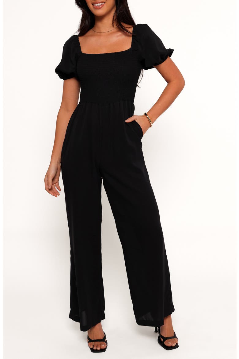 Jolene Smocked Puff Sleeve Jumpsuit, Main, color, BLACK