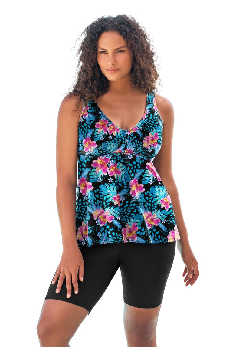 A Line Flowy V Neck Tankini Top With Built In Bra, Main, color, TROP ANIMAL TURQ