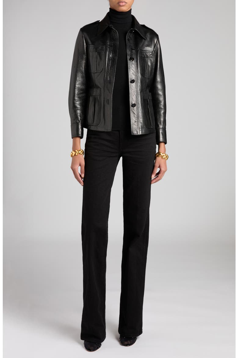 Leather Trucker Jacket, Main, color, BLACK