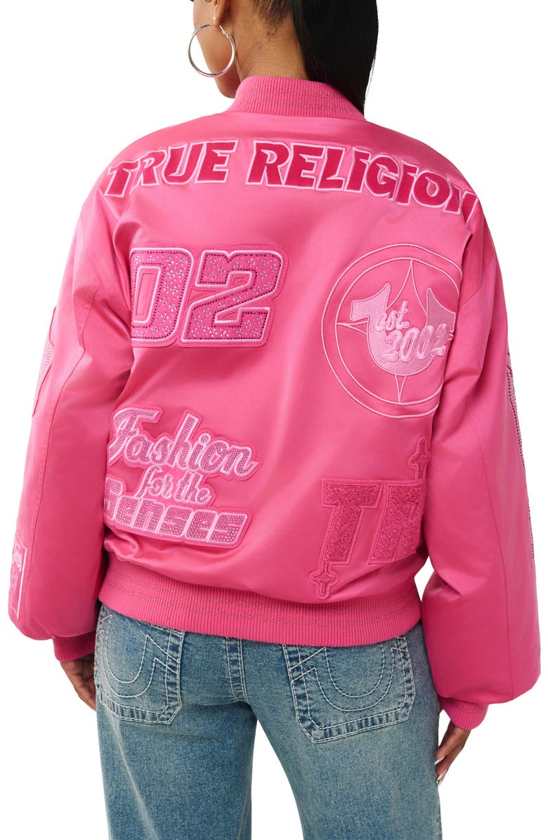 True Religion Rhinestone Embellished Logo Bomber Jacket, Alternate, color, Magenta