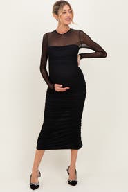PinkBlush Mesh Ruched Long Sleeve Midi Dress
