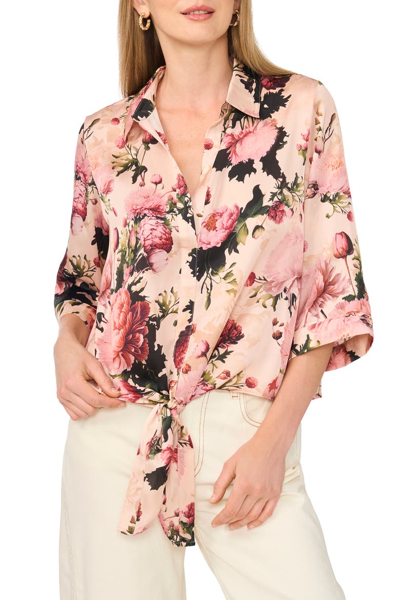 Floral Tie Front Top, Main, color, CREAM TAN