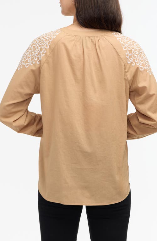 Ellen Tracy Voile Embroidered Cotton Popover Top In Camel