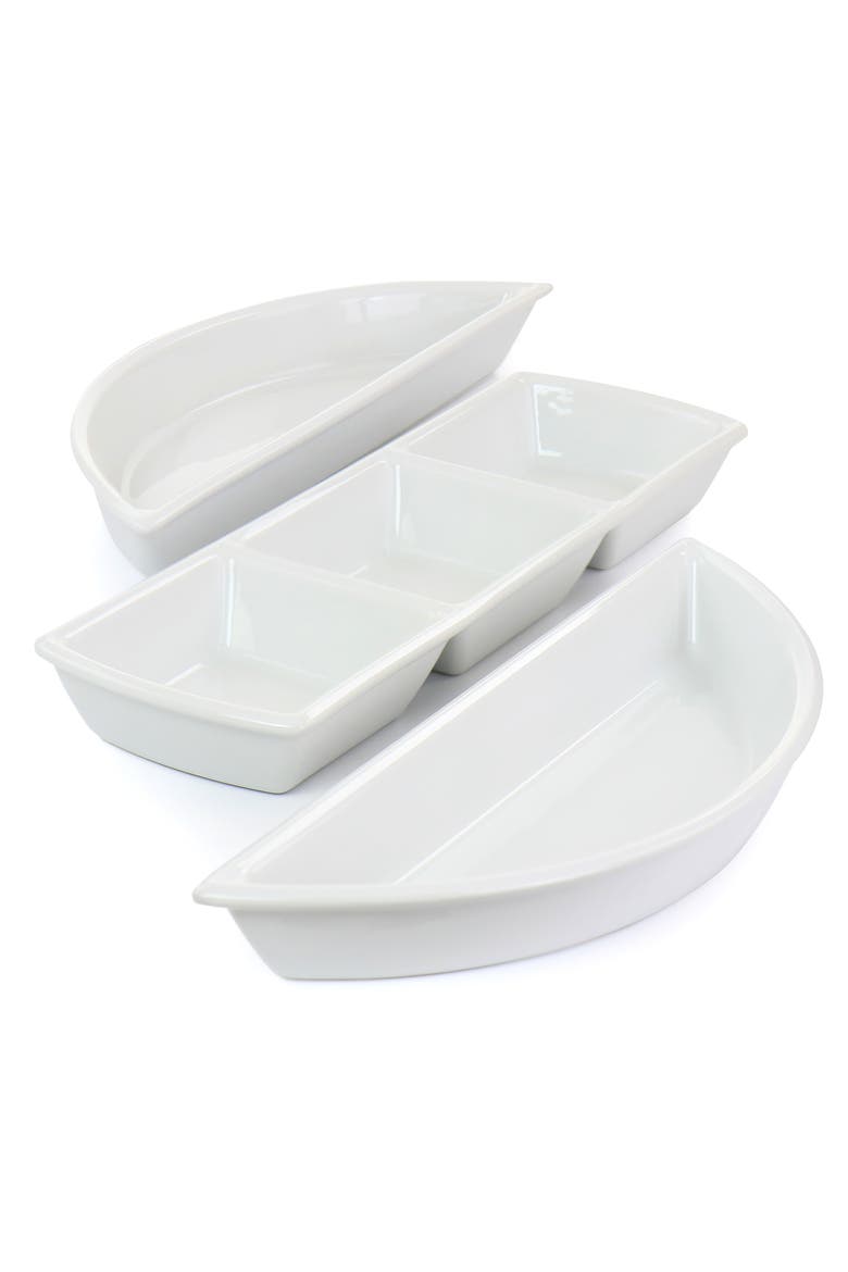 Gracious Dining 4 Piece Fine Ceramic Sectional Tray Set with Acacia Wood Base, Alternate, color, White