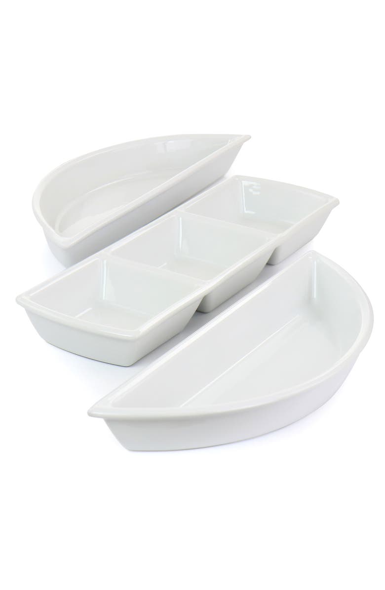 Gibson Elite Gracious Dining 4 Piece Fine Ceramic Sectional Tray Set with Acacia Wood Base, Alternate, color, White