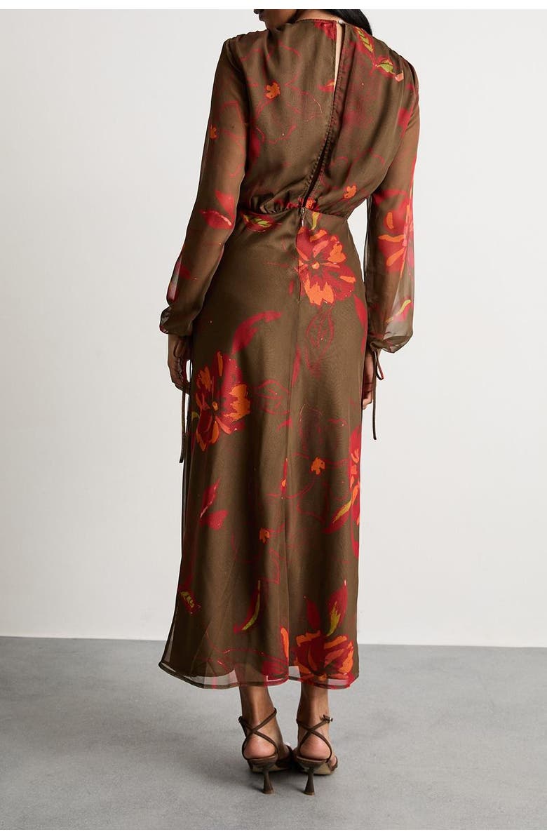 Warehouse Printed V Neck Tie Detail Midi Dress, Alternate, color, Brown