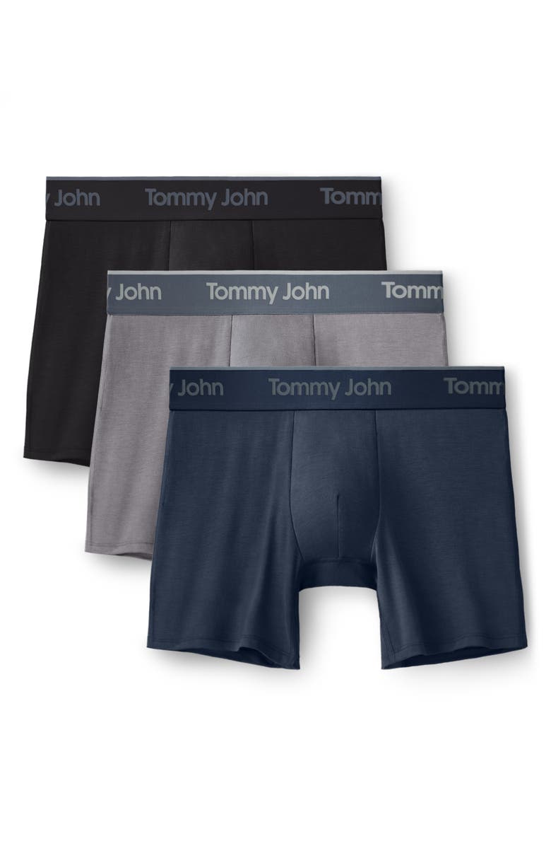 Tommy John 3-Pack Second Skin 6-Inch Stretch Modal Boxer Briefs, Main, color, Black/ Medium Grey/ Blues