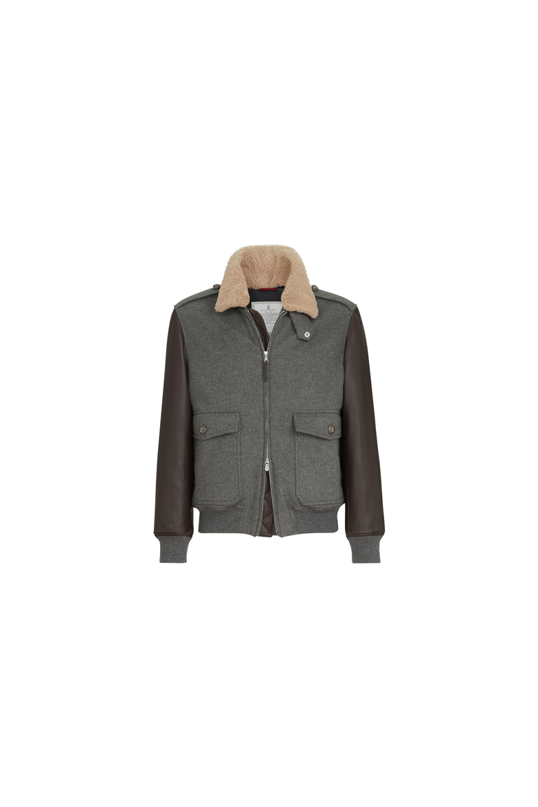 Bonded cashmere beaver cloth and nappa leather bomber jacket with  Thermore® padding and detachable shearling collar, Alternate, color, Medium Grey