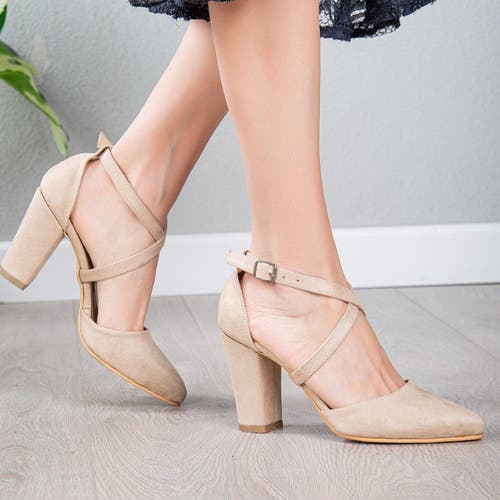 Forever & Always Shoes Sina Criss Cross High Block Heels In Beige Suede