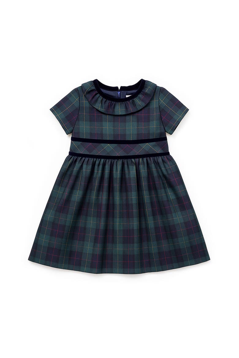Plaid Dress With Neck Ruffle, Main, color, Navy, Green