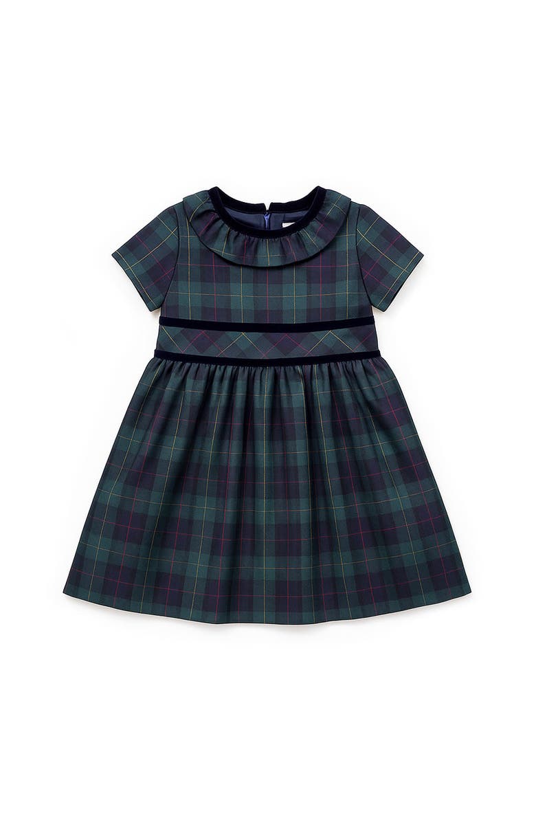 Florence Eiseman Plaid Dress With Neck Ruffle, Main, color, Navy, Green