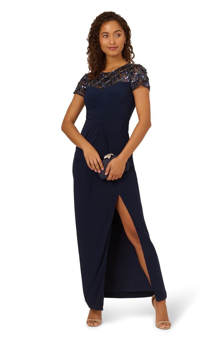Adrianna Papell Sequin & Bead Yoke Jersey Column Gown, Alternate, color, 