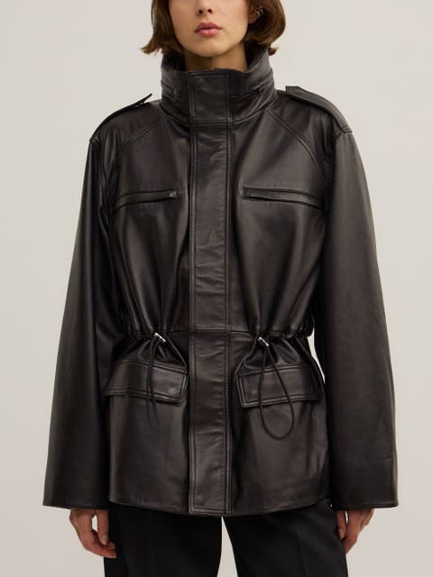 Drawcord Leather Funnel Neck Jacket
