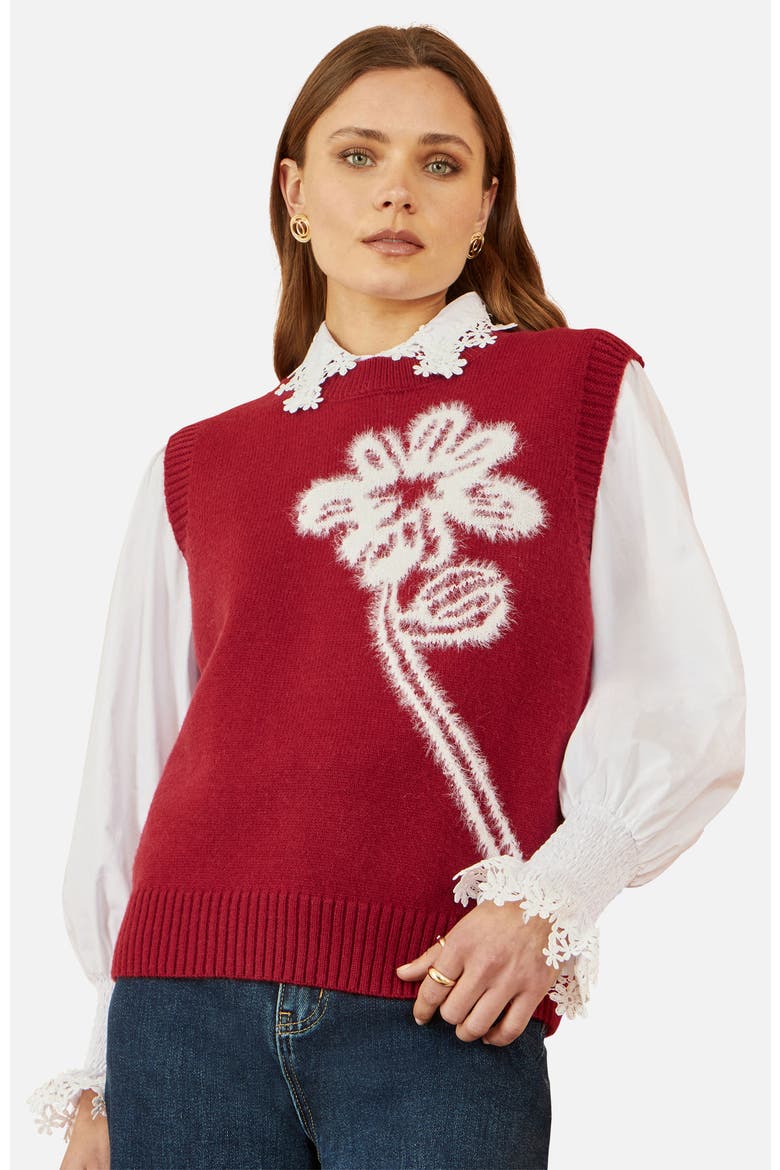 Knitted Flower Sleeveless Sweater Vest, Main, color, Burgundy